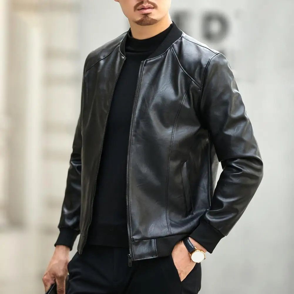 

Comfortable Men Jacket Men Stand Collar Jacket Stylish Men's Faux Leather Jacket Warm Stand Collar Zipper Pockets for Autumn