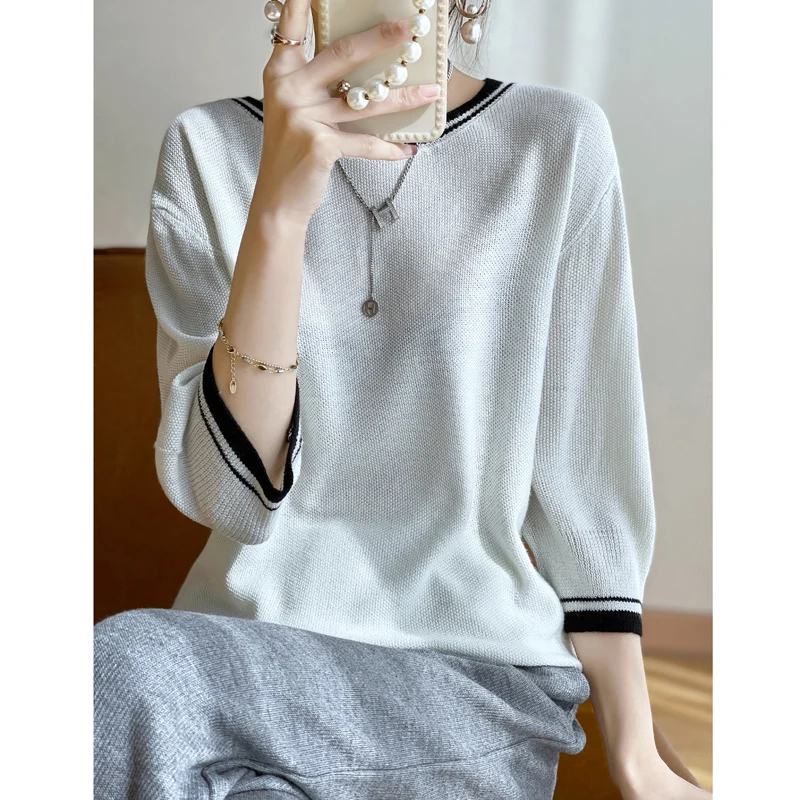 

Fine Spun Black Silk Edge Knitted Short Sleeved 2024 Spring/Summer Women's New Exquisite Intellectual Versatile Inner Layer Top