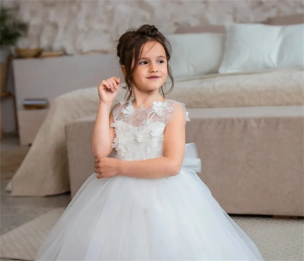 

Ivory White Fluffy Detachable Tail Sticker Flower Girl Dress Wedding Cute Little Flower Children's Holy Communion Birthday Dress