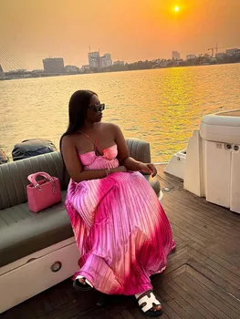Women's Halter Top Prom Dresses Pleated Elegant Pink Maxi Dress Backless Maxi Summer Dress Evening Wear Sexy Outfit 1