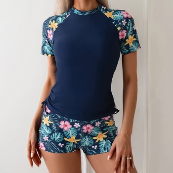 2025 Short Sleeve Surfing Swimsuit Women Drawstring 2-Piece Diving Clothes Print Swimwear Female Beachwear Bathing Swimming Suit 1