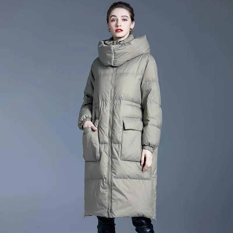 Abrigo de plumรณn de pato blanco para mujer, abrigo informal largo hasta la rodilla, abrigo de pan grueso, sombrero desmontable, ropa de invierno,