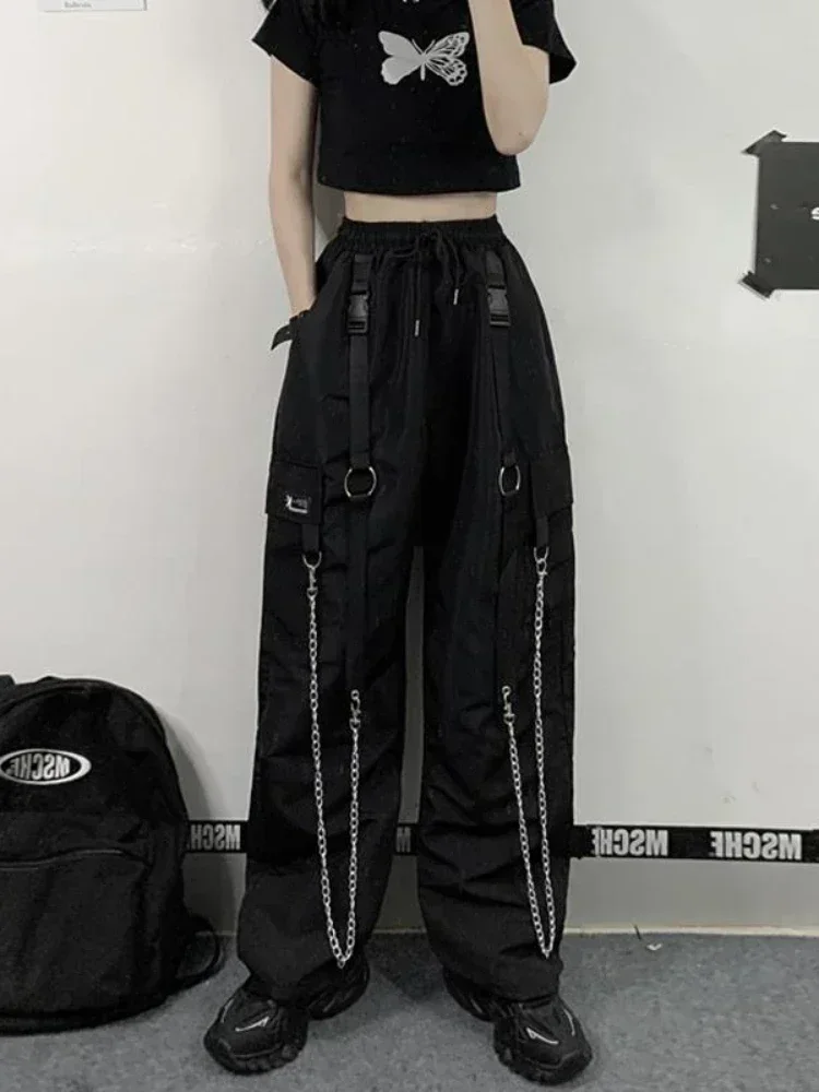 QWEEK Harajuku Techwear Cargo Pants Women Hip Hop Gothic Oversized Chain Wide Leg Trousers Female Punk Sweatpants Streetwear qweek y2k gothic flare cargo jeans women grunge streetwear baddies gyaru denim pants korean fashion harajuku trousers punk