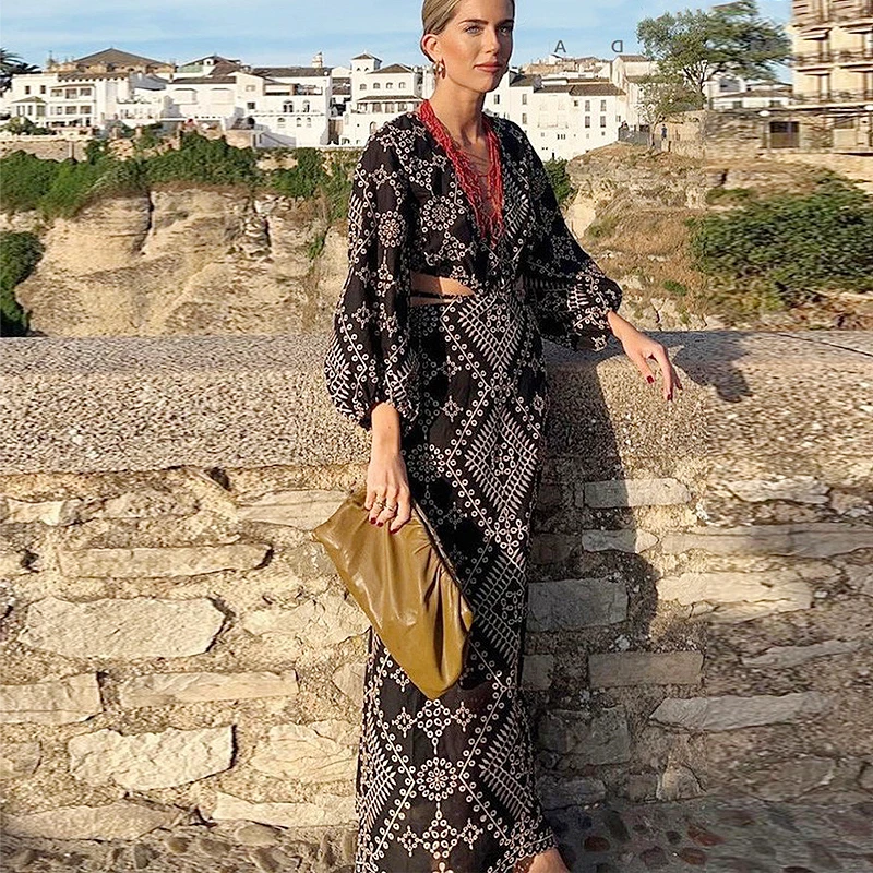 

TEELYNN Vintage Ethnic Embroidery Dress for Women Party Sexy Deep V-neck Backless Long Sleeve Dresses Boho Beach Summer Vestidos