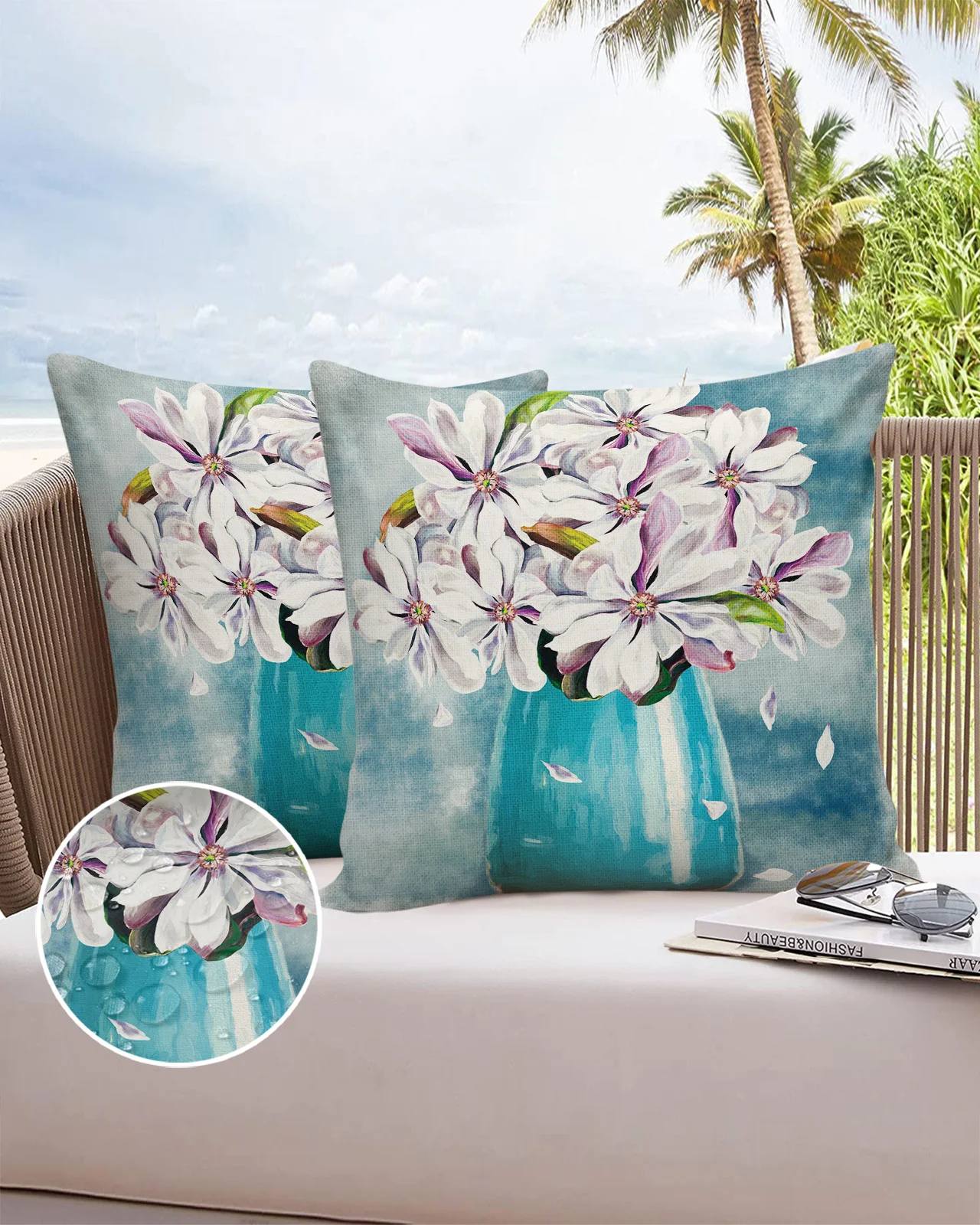 

2/4PCS Outdoor Waterproof Pillowcase Oil Painting Texture Magnolia Flower Vase Sofa Cushions Case Decorative Pillows Cover