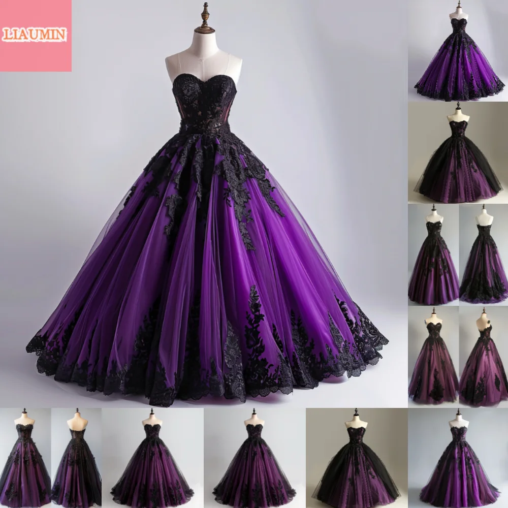 Purple and Black Lace Applique Sweetheart Strapless Ball Gown Full Length Evening Formal Occasion Party Prom Dress Custom W11-8