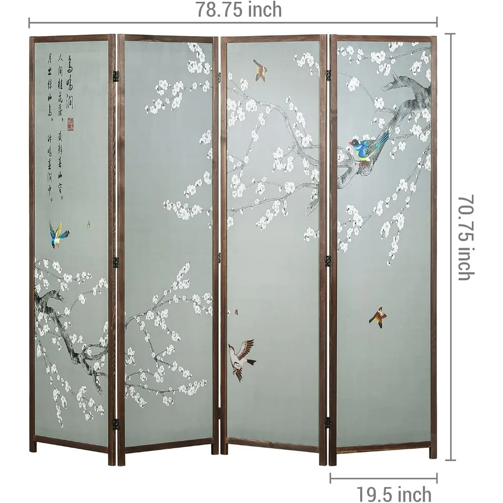 Asian-Inspired Cherry Blossom and Bird Folding Room Divider with Poetry Calligraphy on Brown Wooden Frame