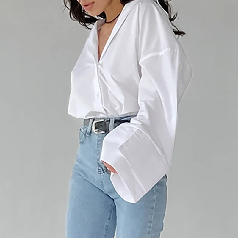 

2023 Fashion Women Long Sleeve Tops French Style Shirt Office-lady White Loose Lady Shirt Casual Loose Top Women's Clothes 29373