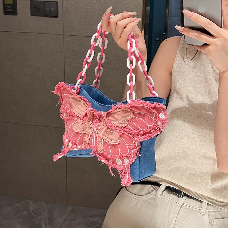 Y2k Butterfly Denim Pink Purse