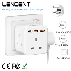 LENCENT UK Plug Power Strip with 3 AC Outlets +2 USB QC 3.0 +1 Type C PD 20W Fast Charger Multi Socket Power Adapter for Home
