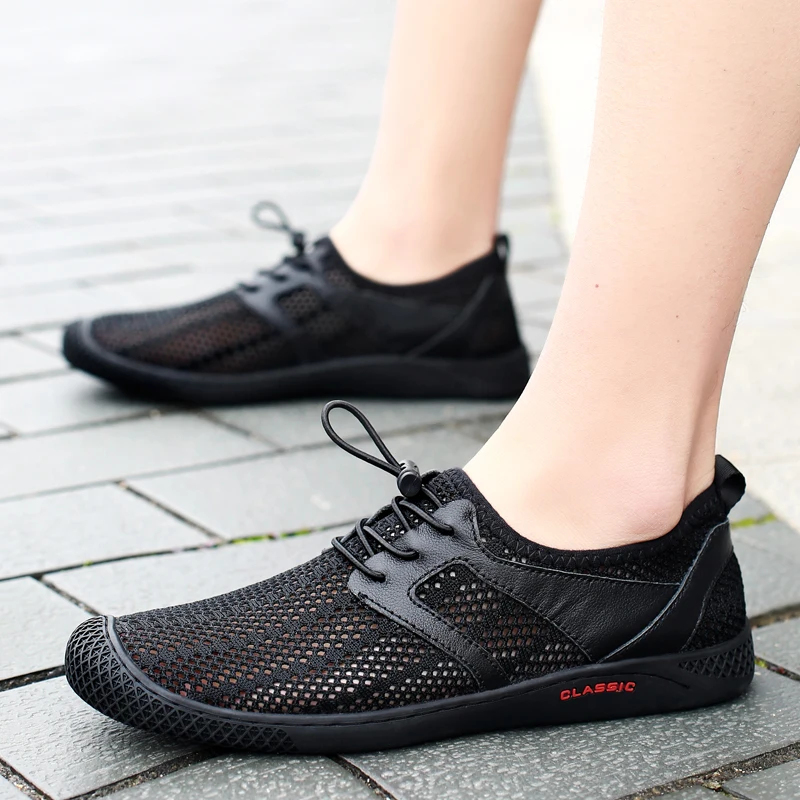 

Summer Fashion Men Black Sneakers Mesh Casual Shoes Lac-up Breathable Lightweight Walking Sneakers Men Sandals Shoes Size 37-47