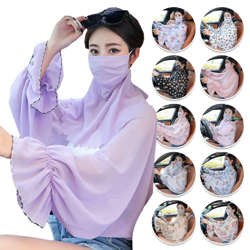Flower Printed Summer Women Sun Protection Arm Sleeve Driving Anti-Uv Shawl with Mask Cool Oversleeves Thin Outdoor Riding Wear