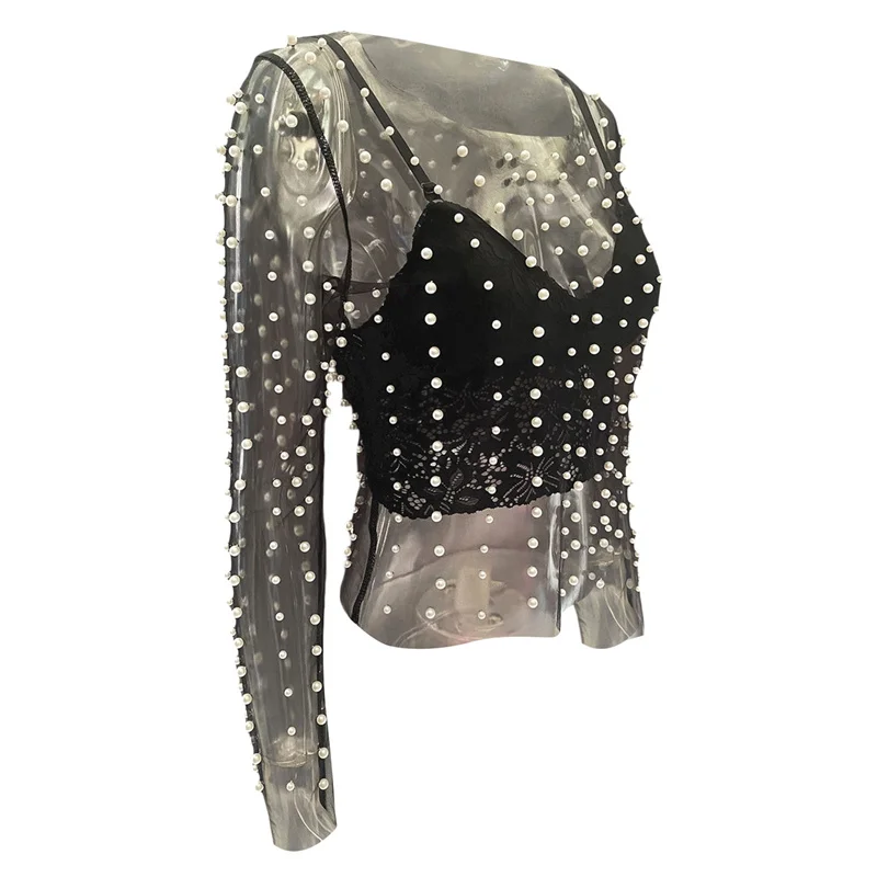 Sheer Mesh Top with Pearls Women y2k Clothing See Through Round Neck Long Sleeve T Shirt 2000s Clothes Party Clubwear
