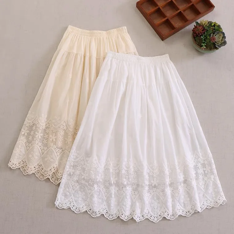 

Women Skirts Fashionable and Sweet Elastic Waist Hollow Embroidery Cotton and Linen Long Skirt Loose Solid Color Midi Skirt