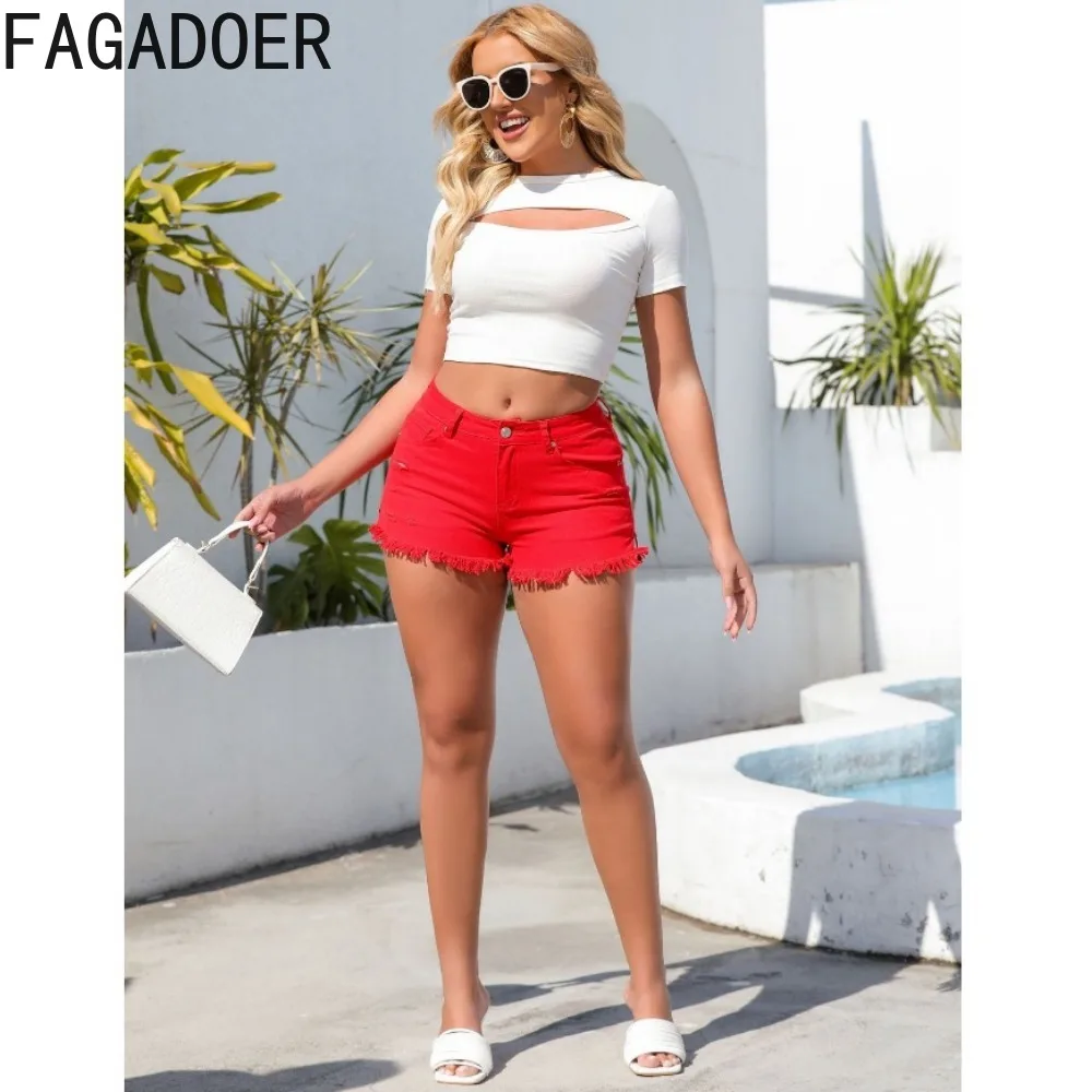FAGADOER Vintage Blue Casual Rope Slim Denim Shorts Women High Waisted Button Pocket Slim Jean Fashion Cowboy Tassels Bottoms