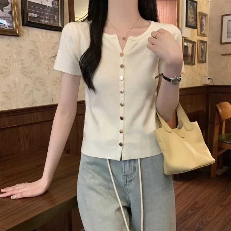 New Women's Knitted Button Shirt Stylish and Elegant Women's Office Short Sleeve Crew Neck Pullover