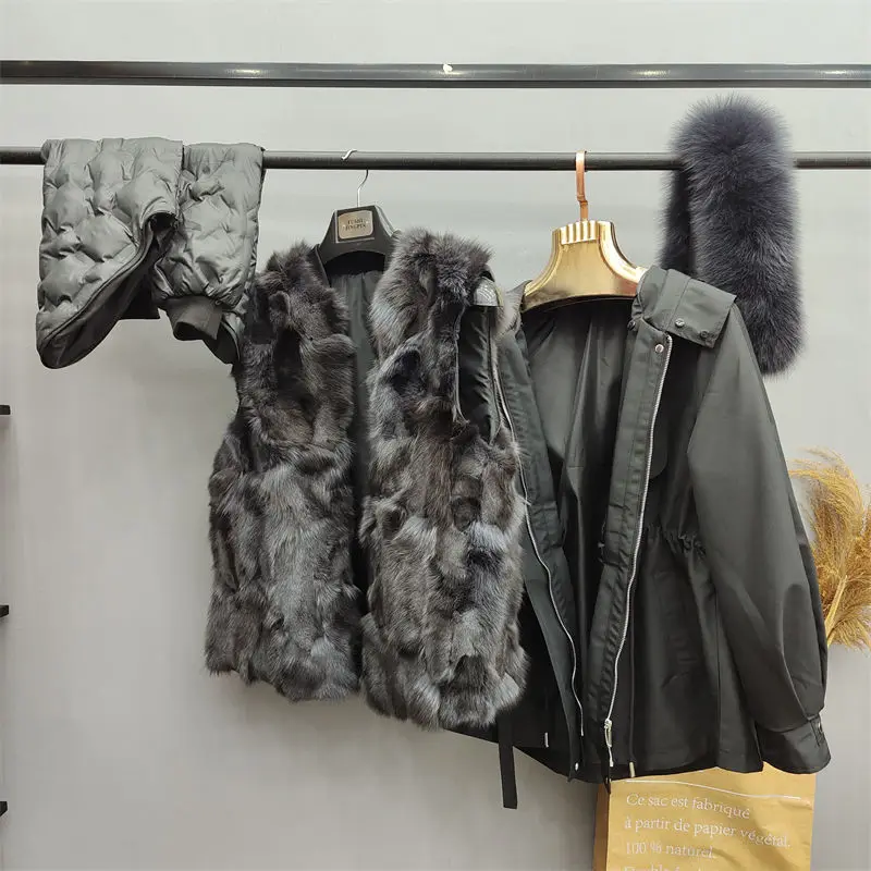 2023 New Women Fox Fur Liner Detachable Parkas Winter Female Thicken Warm Hooded Fur Jacket Loose Large Size Fashion Outcoat