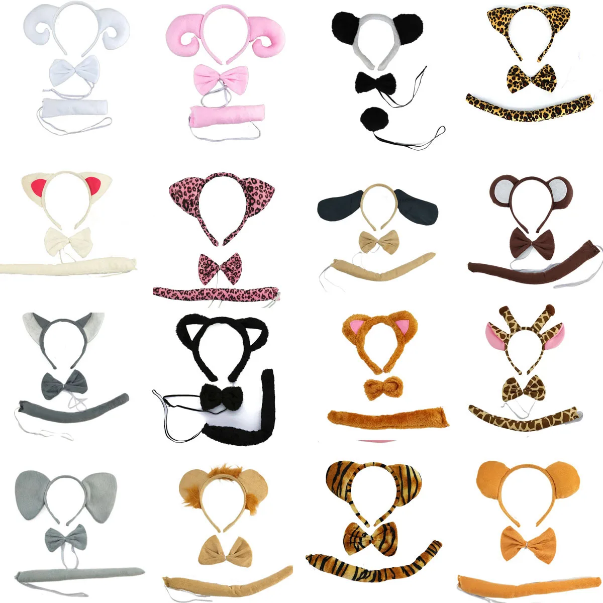 Adult Kids Plush Girls Boy Animal Headbands Ear Tail Bow Hairband Birthday Gift Party Cosplay Costume Props Christmas Halloween