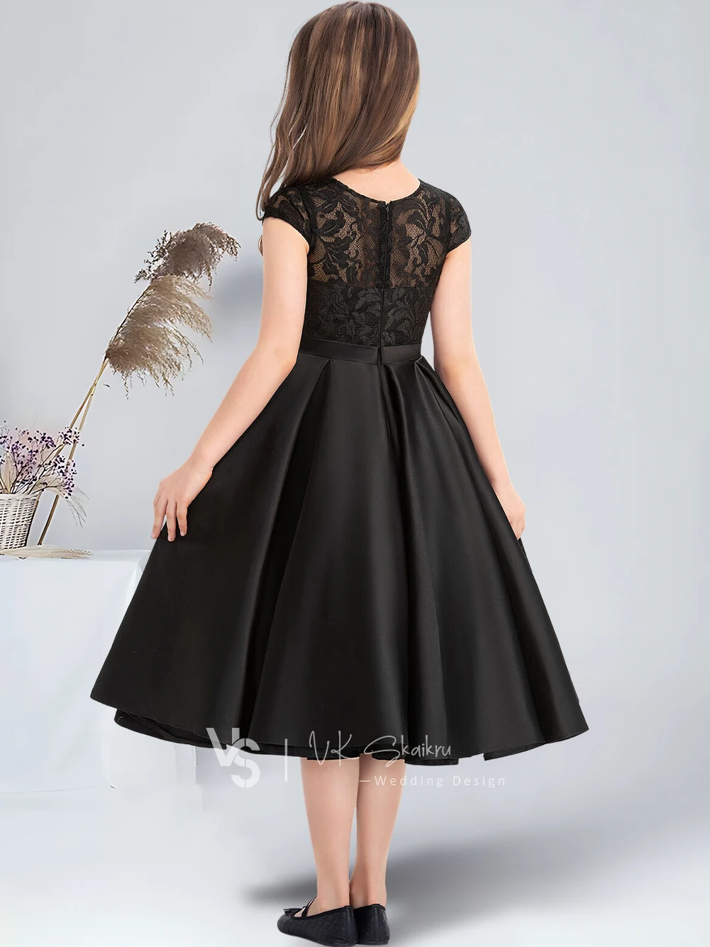 Vestido de dama de honra, renda, cetim, chique, preto, vestido florista para casamento, vestidos de comunhão para adolescentes