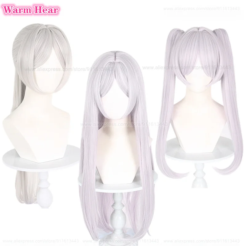 Frieren 코스프레 가발 애니메이션, 길이 60cm, 실버 흰색 귀걸이, 내열성 헤어, 할로윈 파티 여성 가발 + 가발 모자, 3 가지 스타일