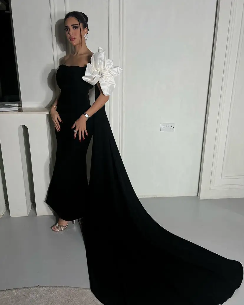 

Saudi Arabic Prom Dresses Beads Long Sleeves Bow Elegant Black Formal Women Evening Dresses Wedding Party Gown vestidos de gala