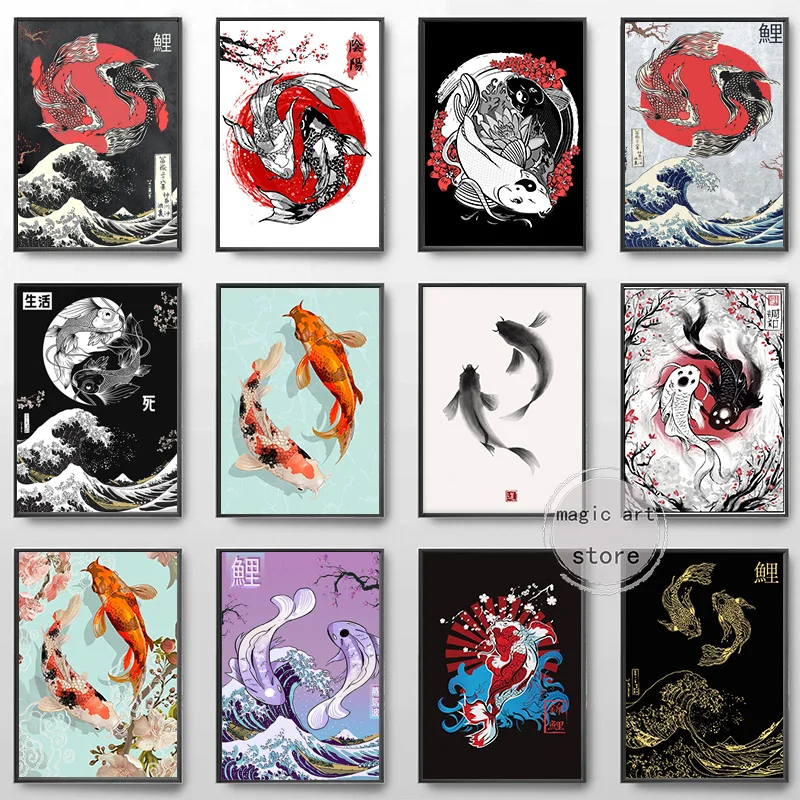 Carpa Koi Giapponese Vintage Due Pesci Giapponesi Yin Yang Koi, Fiori Wave Art Poster Pittura Su Tela Stampe Murali Immagine Decorazioni Per La Casa