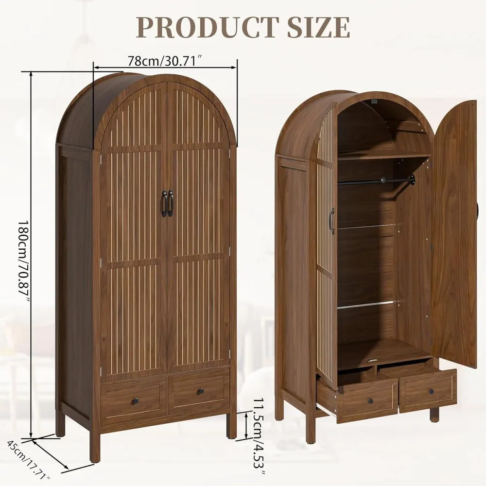 Wardrobe closet with drawers and 2 arched fluted doors. 70.87" tall wooden bedroom armoires with shelves and hanging rod. 2