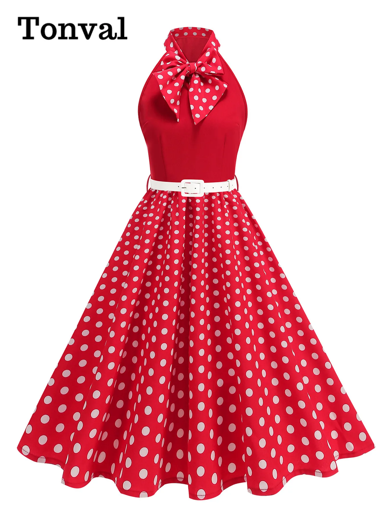 Tonval Bow Neck Halter Neck Polka Dot 50s Retro Party Clothes for Women Prom Vintage Cosplay Christmas Sleeveless Dresses