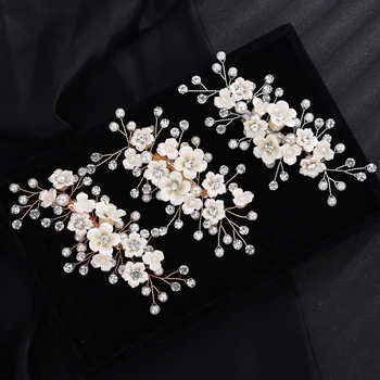 Women Wedding Headpiece Silver Gold Rhinestone Bridal Hair Clip Headwear Handmade Vintage Flower Pearl Hair Ornament Bride Tiara