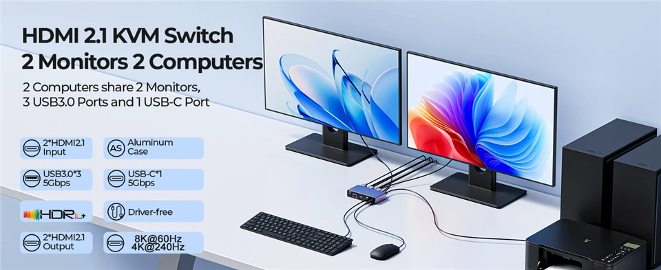 2K 240Hz HDMI KVM Switch 2 Monitors 2 PCs 4K 240Hz USB 3.0 8K Docking Station Sh