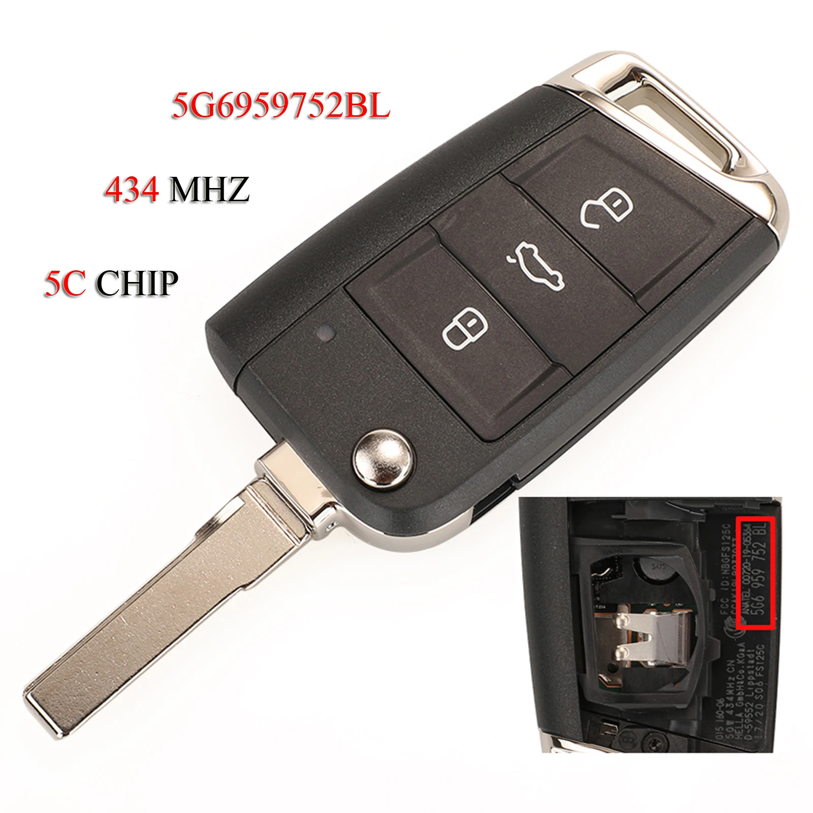 

jingyuqin Keyless-Go Remote Car Key For VW Volkswagan Seat Golf7 MK7 Touran Polo Tiguan 3Buttons 434Mhz 5C Chip 5G6959752BL