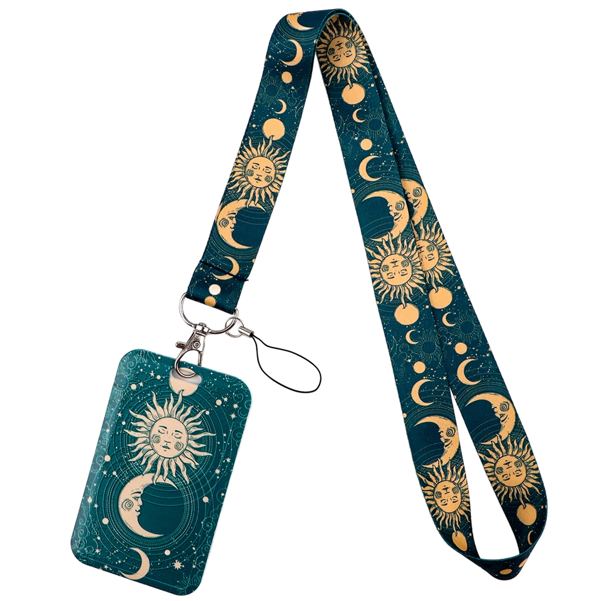 Moon-Themed Lanyard with Card Holder and Cartoon Bow Design - Floral Neck Strap