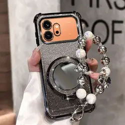 Gradient Glitter Mirror Phone Case with Hand Strap and Electroplated Finish for Honor 600 Pro (Black)