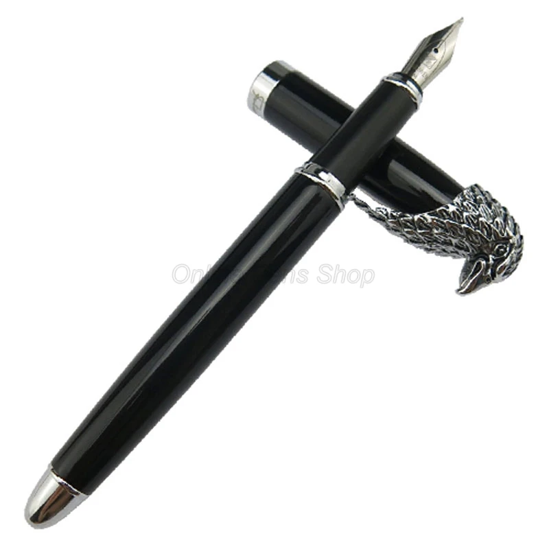 Fuliwen Metal Black Barrel Owl Eagle Head Clip Medium Nib 0.7mm Fountain Pen Silver Trim Writing Fountain Pen Gift hero 2191 14k gold nib great collection grey fountain pen engraving ripples two head medium nib writing gift pen w gift box