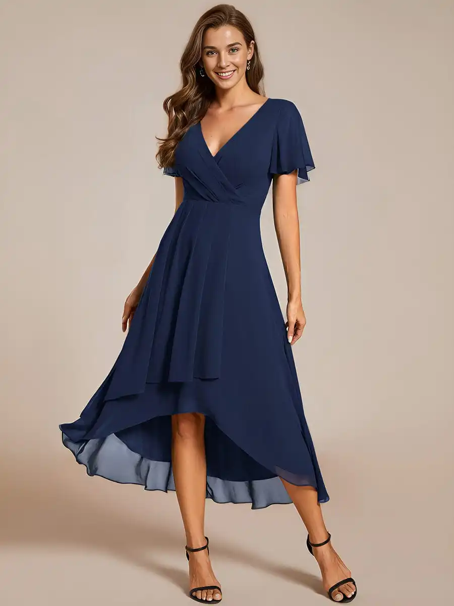 Elegant Evening Dresses Ruffles Sleeve Pleated V-Neck Midi 2024 Ever pretty of A-Line Navy Blue Chiffon Wedding Guest Dress