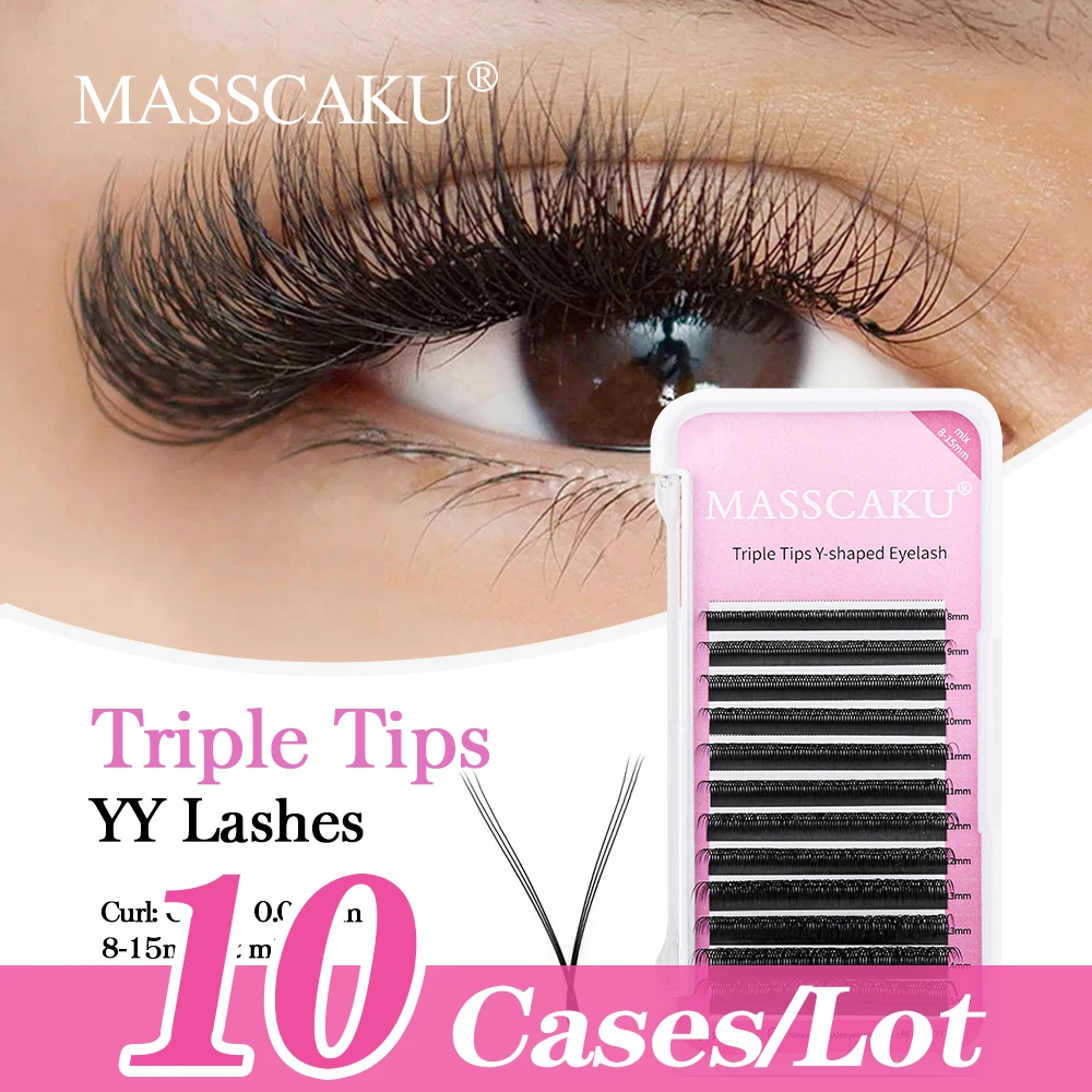 

10cases MASSCAKU YY Shape 10cases Triple Tips Handwoven Split Root Light Soft Natural Makeups Net Mesh Cross Bloom lashes