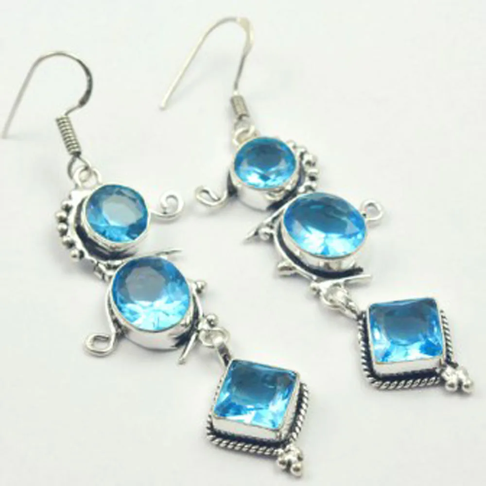 Orecchini Topas Blu Argento Sovrapposti Su Rame, Dimensioni Usa 72Mm , E3036