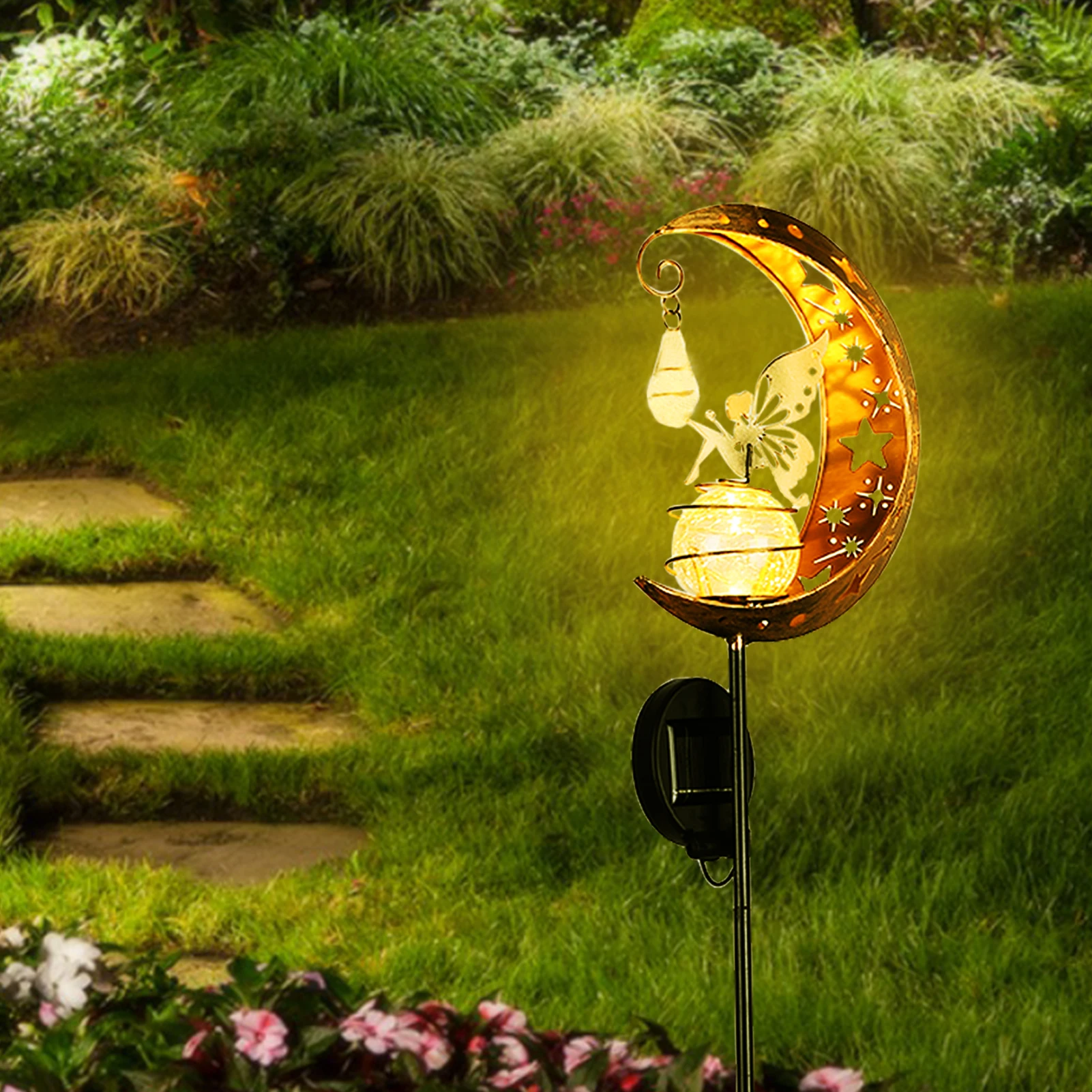 Led Solar Lamp Wrought Iron Hollow Elf and Moon Projector Light Iron Yard Art Garden Decoration Lawn Lamps for Pathway Patio