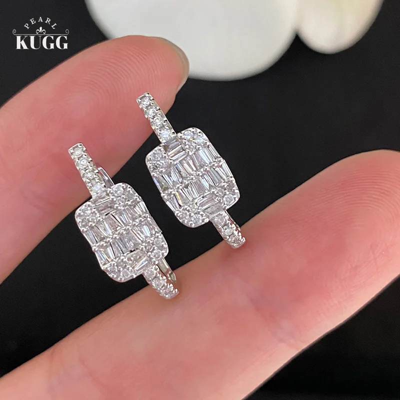

KUGG 18K White Gold Earrings Natural Diamonds 0.76carat Hoop Earrings Fashion Square Shape Exquisite Wedding Jewelry for Women