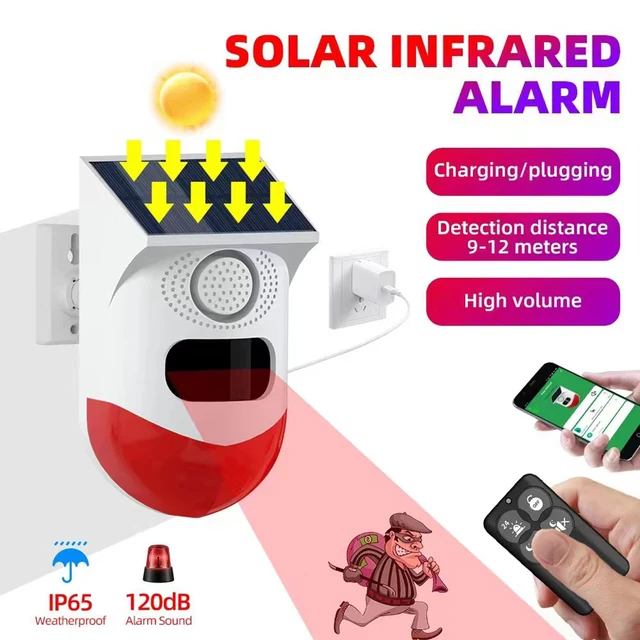 Solar Powered Security Infrared Siren Remote Control Motion Activated Detector Alarm 120dB Sound USB Charging for Home Farm Yard 4