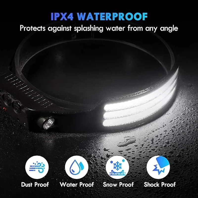 USB Rechargeable COB LED Induction Headlamp with 1200mAh Built-in Battery Head Flashlight Outdoor Camping Fishing Head Lantern