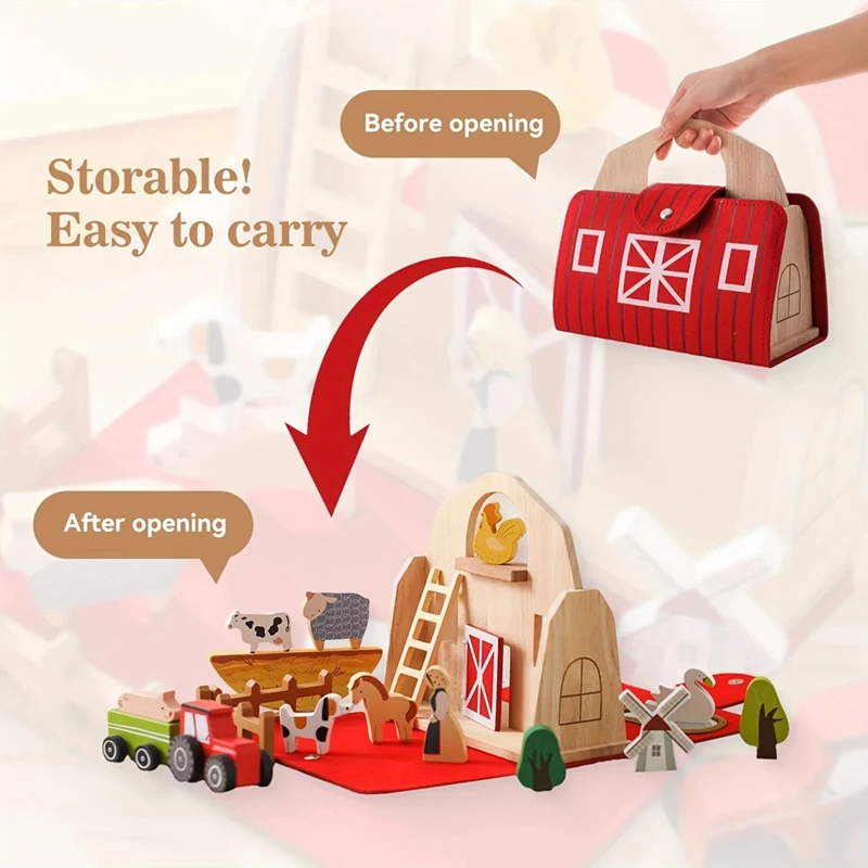 18Pcs Farm Animals Barn Toys Wooden Montessori Stacking For Toddlers Red Barn Toys Farm Pretend Playset Birthday Gift-Y46A