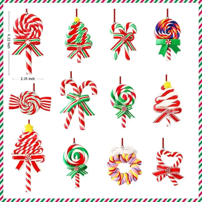 12pcs Christmas Lollipop Ornaments Colorful Wood Candy Cane Hanging Decoration Peppermint Pendants For Xmas Tree