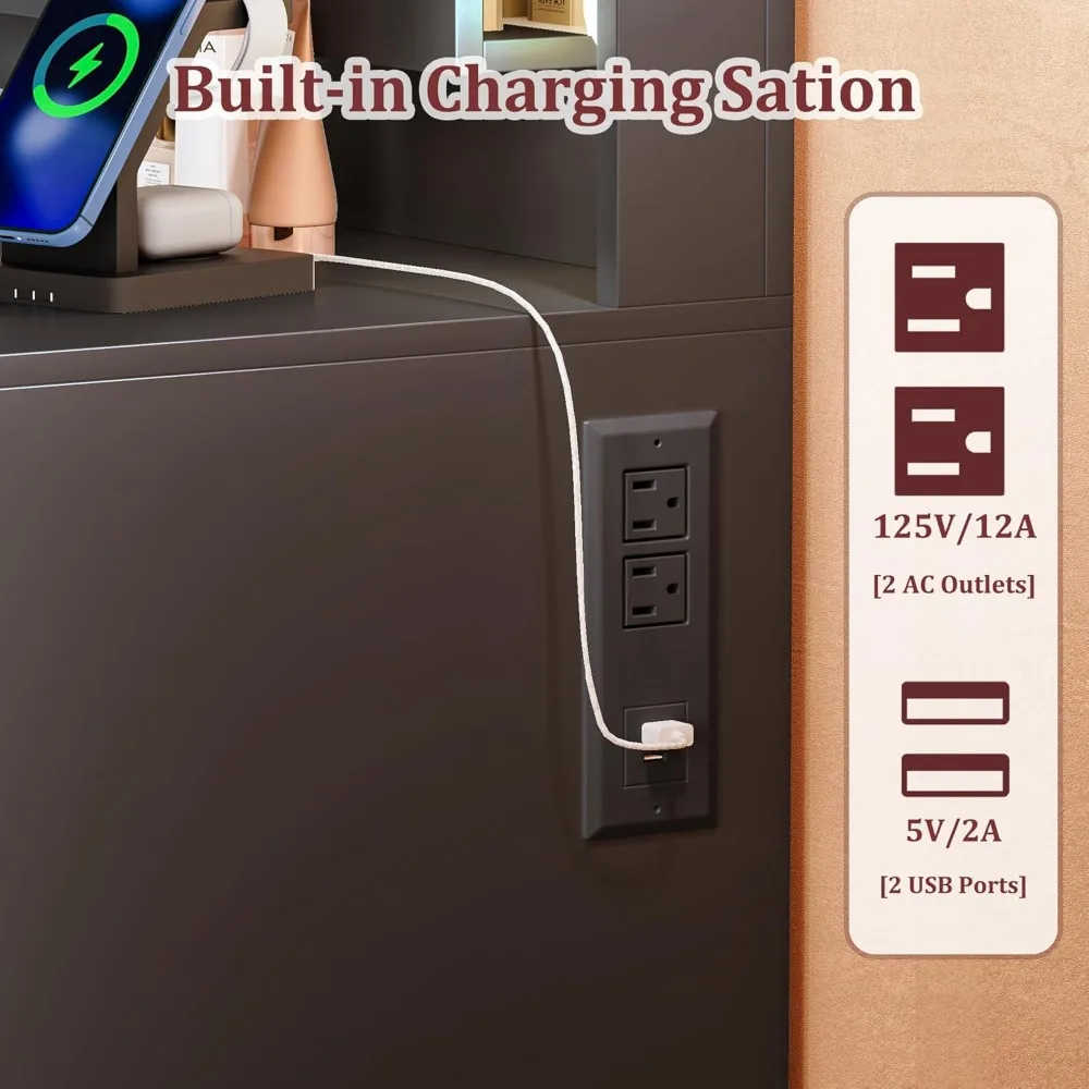 Vanity Desk with Large Mirror and Lights, 45.3in Makeup Vanity with Power Outlet 9 Drawers & Storage, 3 Lighting Color Adjustabl