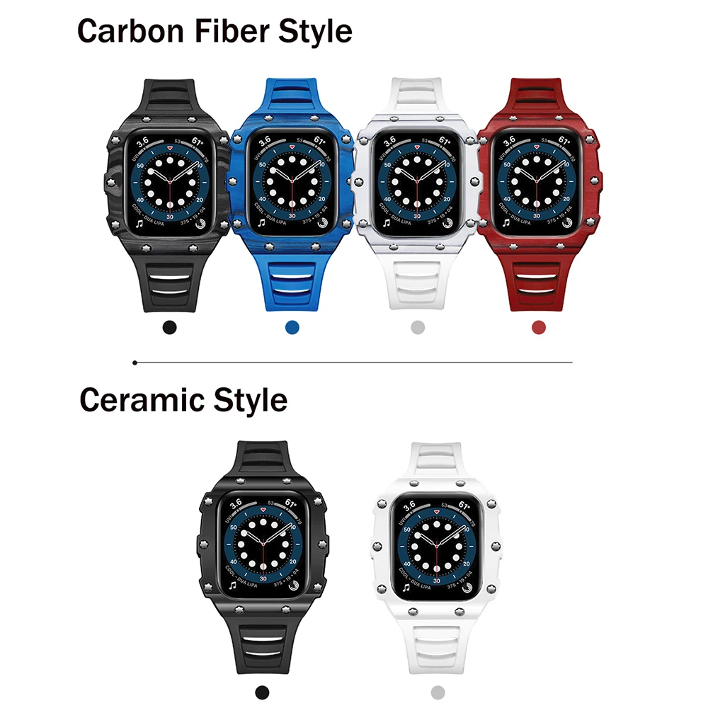 Modification Kit Strap for Apple Watch 8 7 6 5 4 SE Rubber Strap+Carbon Fiber/Ceramic Case for iWatch Series 45mm 44mm 40mm 41mm