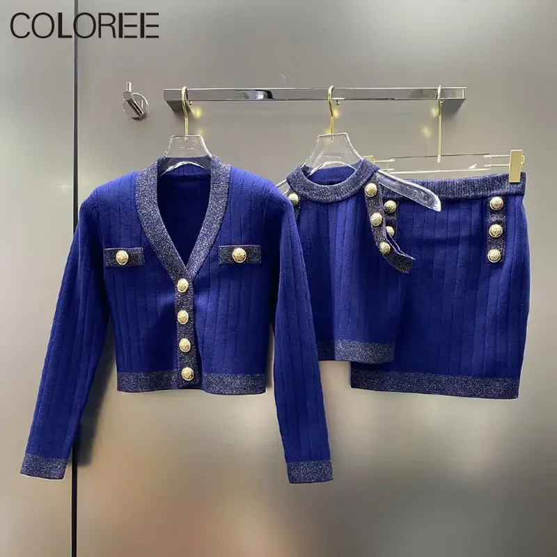

Luxury Designers Two Peice Set for Women Vintage Gold Buttons V-neck Long Sleeve Knitted Sweater and Skirts Sets Outfits