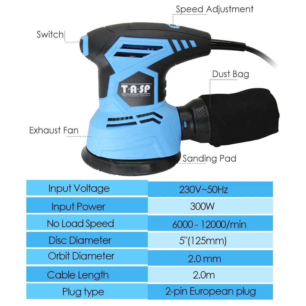 TASP 300W Random Orbital Electric Sander Machine Variable Speed Sanding Tools with Hybrid Dust Canister & 5pcs 125mm Sandpapers electric sander sanding paper