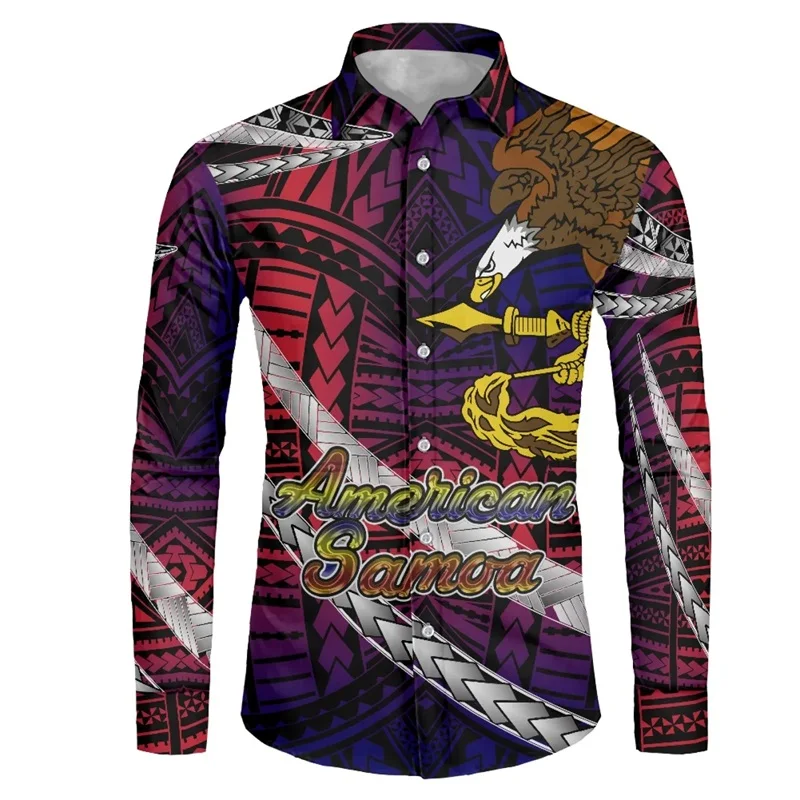 thumbnail image 1 of Camisas hawaianas con estampado 3D de tribu polinesia, camisas casuales de manga larga con cuello alto, blusa con botones para hombre, ropa de otoño, 1 of 5