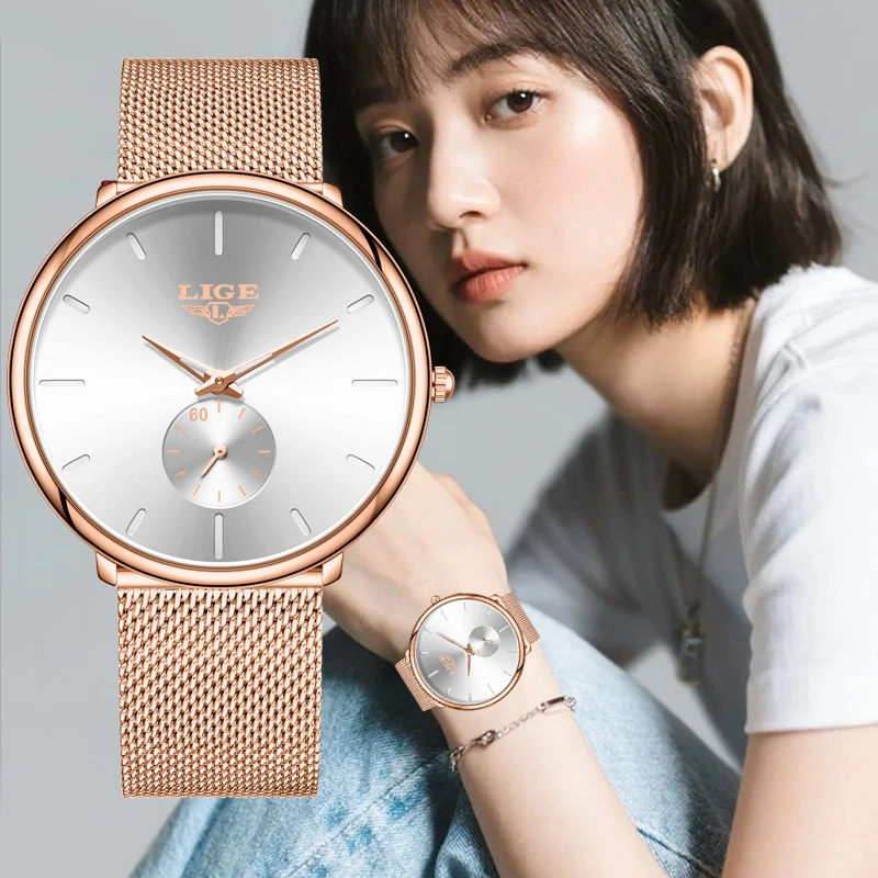 LIGE Simple Round Watch Women Elegant Fashion Ultra Thin Quartz Ladies Watch Waterproof Sports Bracelet Watches Gift for Women