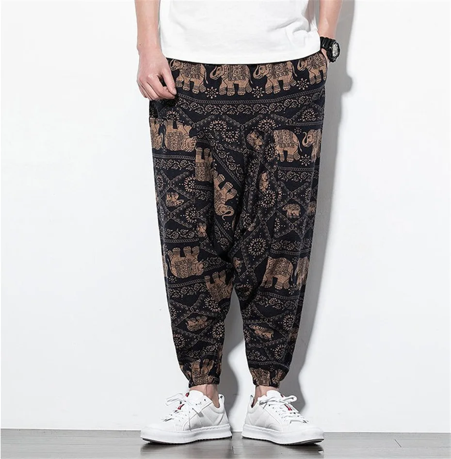 Hip Hip Streetwear Cross-pants Men Summer Loose Linen Pants Male Hip Hop Graffiti Trousers Elastic Waist